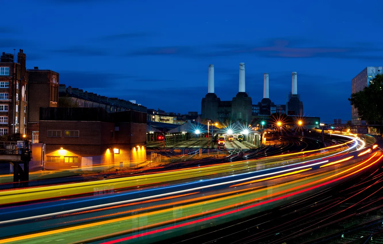 Фото обои ночь, Англия, Лондон, night, London, England, light trails, battersea power station