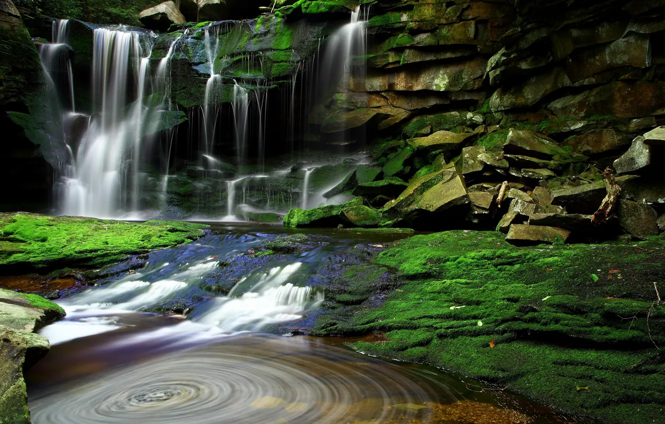 Фото обои зелень, деревья, камни, водопад, Вода