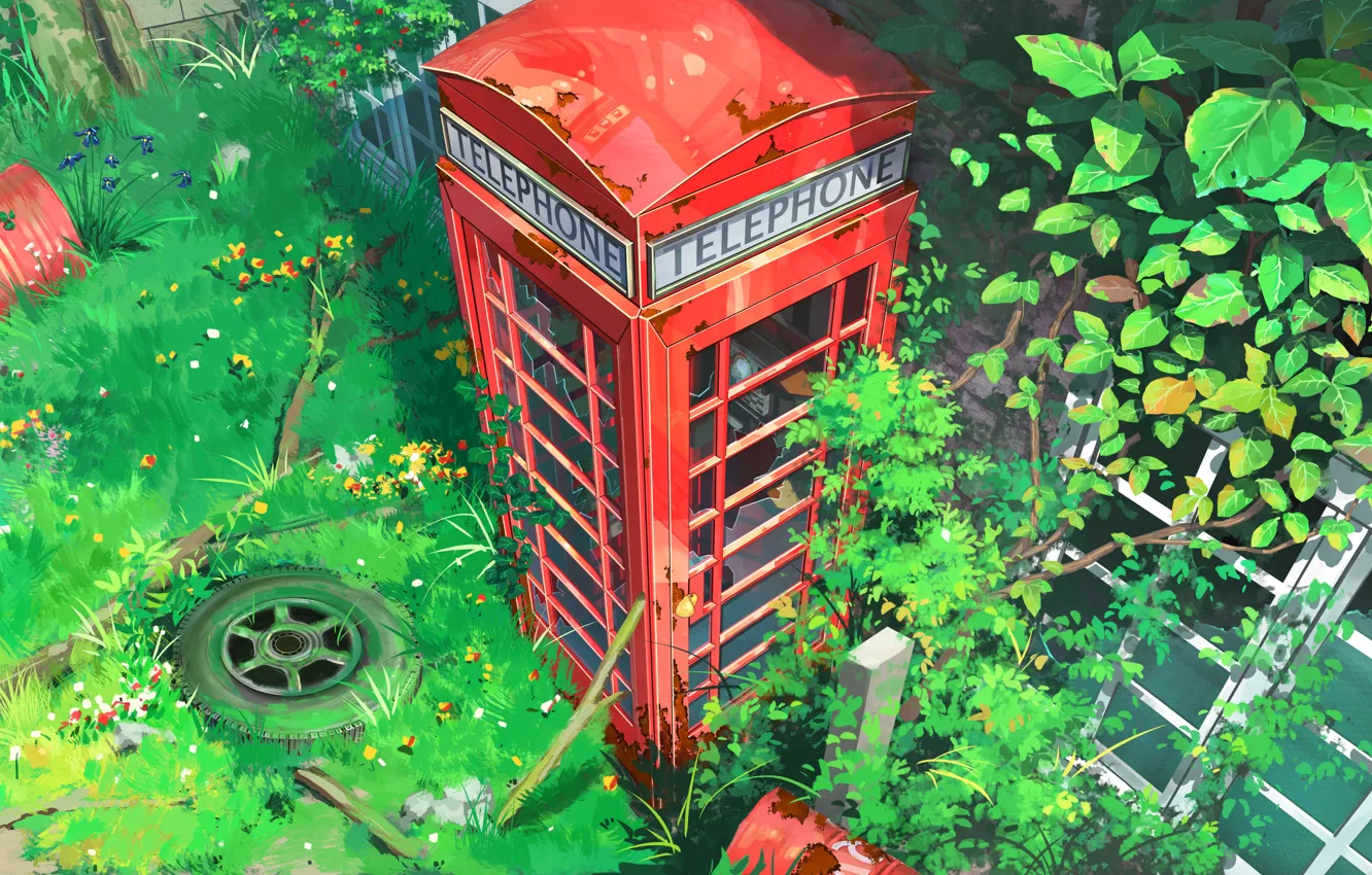 Фото обои заросли, зеленая трава, красная, телефонная будка, колеса машины, by lv