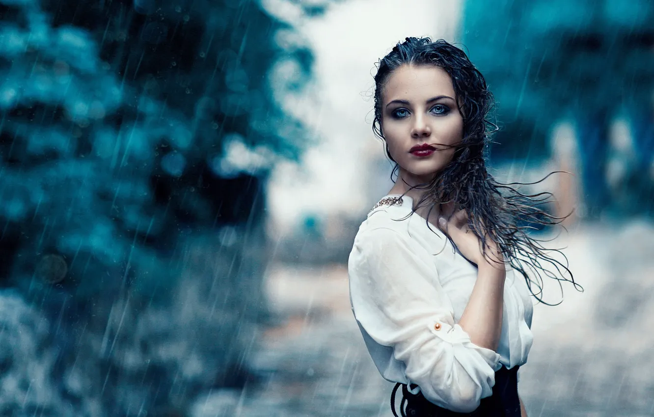 Фото обои девушка, капли, дождь, мокрая, боке
