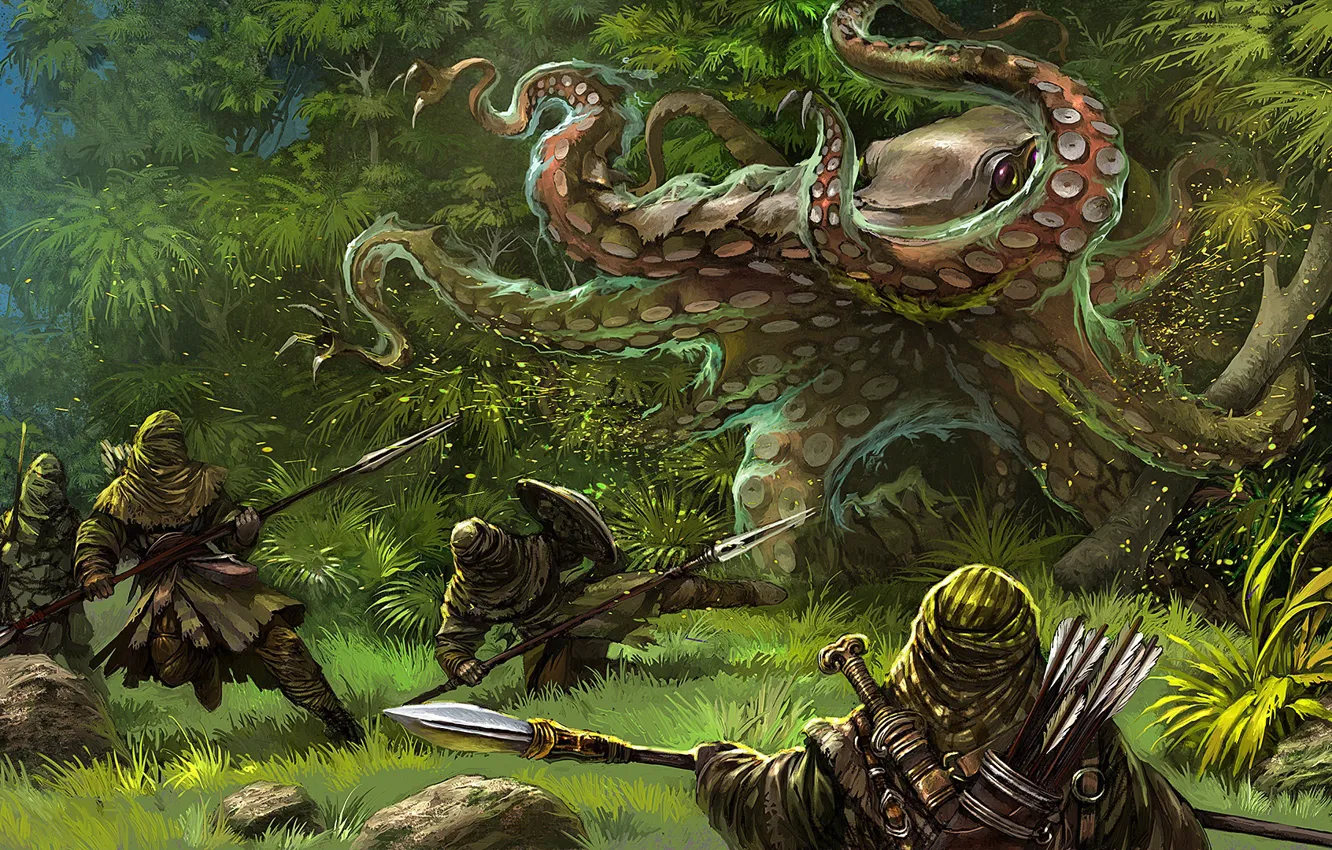 Фото обои лес, нападение, чудовище, воины, Gamedev illustration