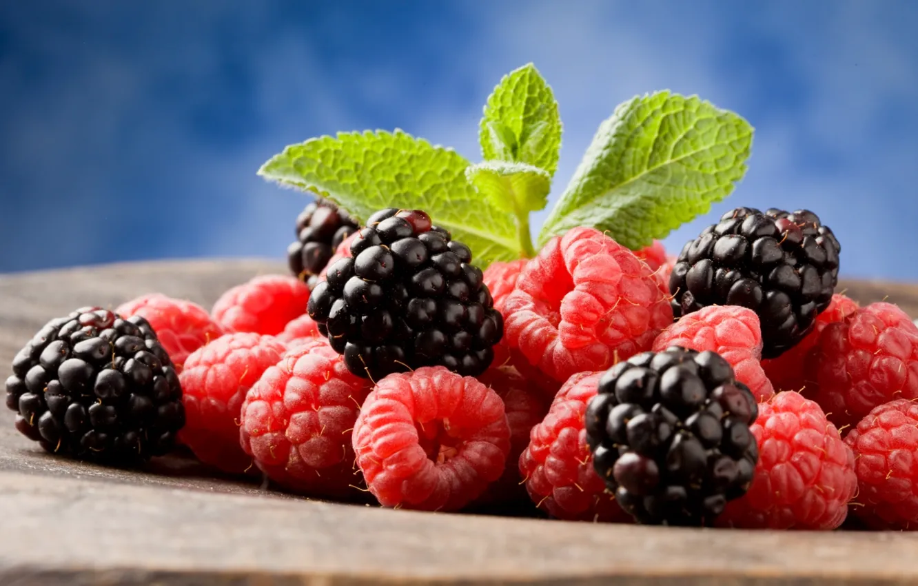 Фото обои ягоды, малина, листочки, ежевика, blackberry, raspberry