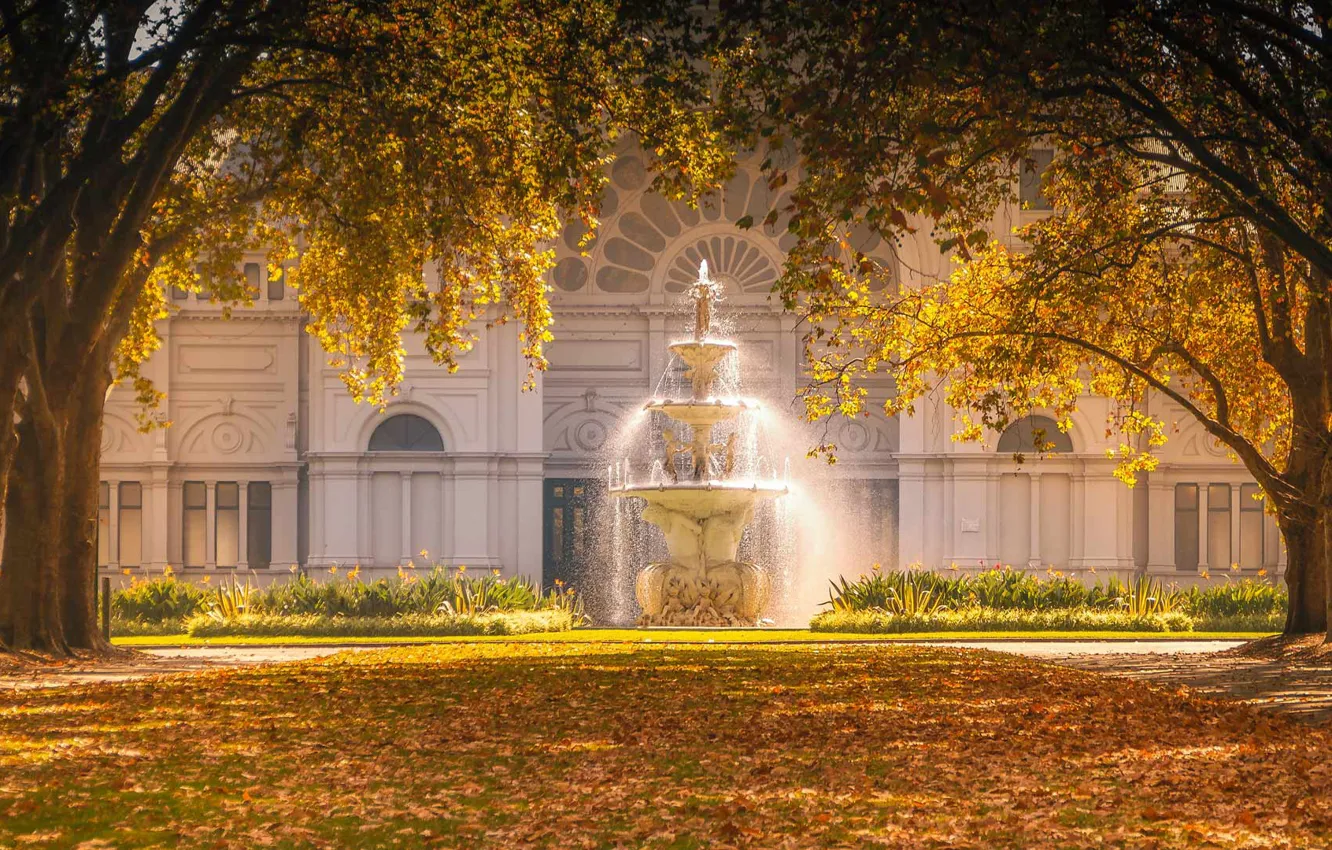 Фото обои осень, Австралия, фонтан, Мельбурн, Королевский выставочный центр, Карлтонские сады