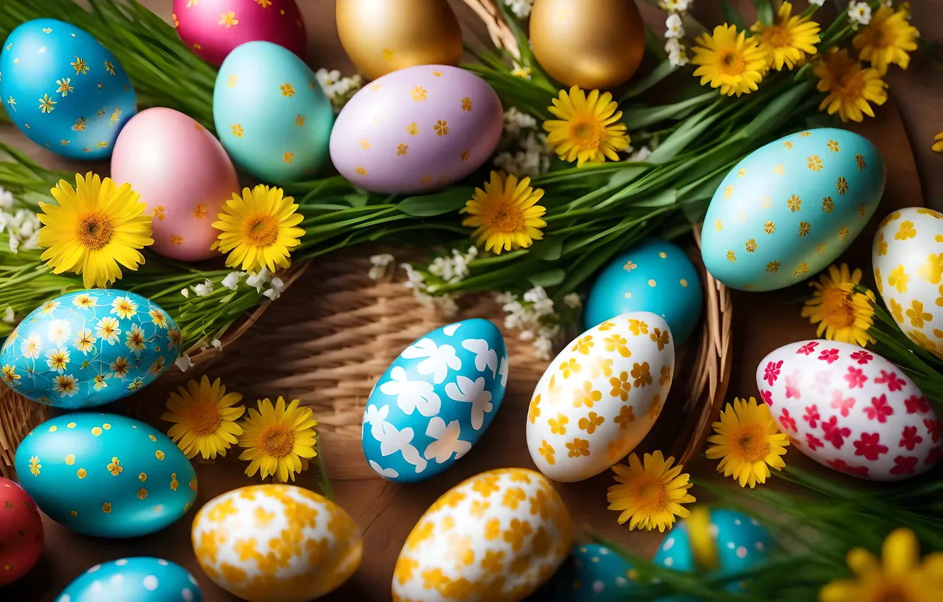 Фото обои цветы, яйца, весна, colorful, Пасха, happy, flowers, spring