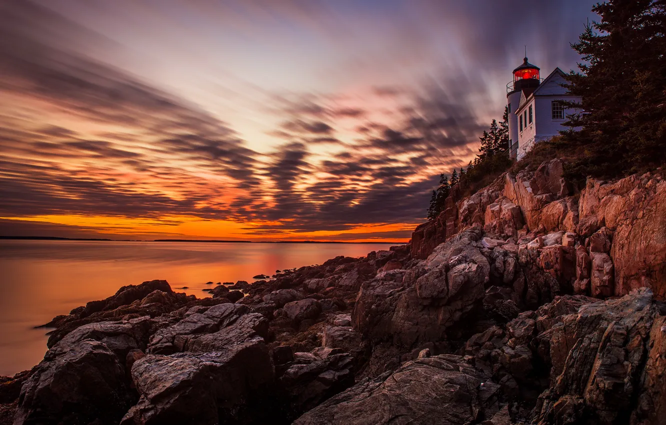 Фото обои Sunset, lighthouse, Acadia National Park