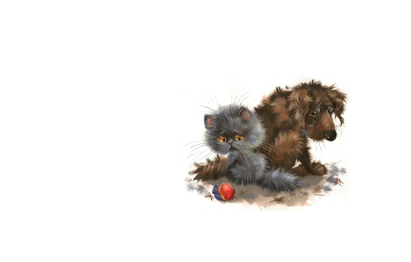 Фото обои фон, игра, ситуация, арт, мячик, котёнок, собачка, детская