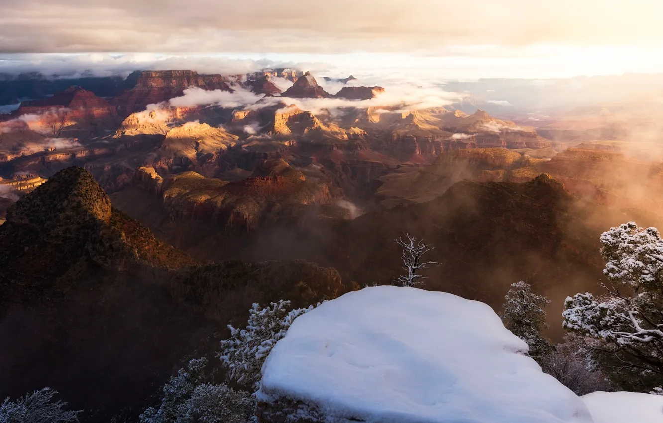 Фото обои зима, небо, облака, свет, снег, туман, каньон