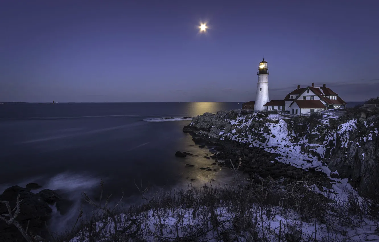 Фото обои зима, свет, пейзаж, ночь, камни, океан, скалы, луна