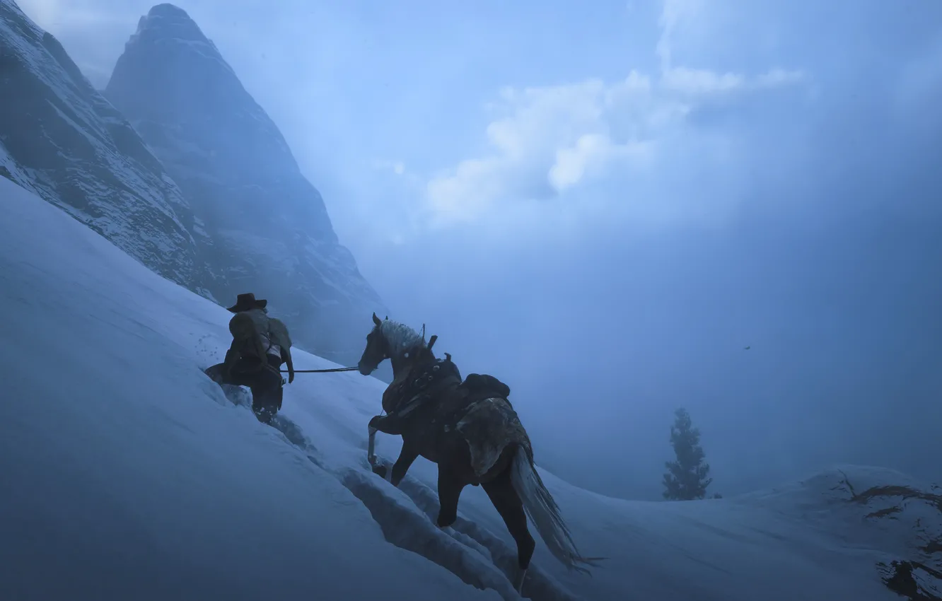 Фото обои Winter, Mountain, Snow, Cold, Horse, Arthur, Read Dead Redemption 2