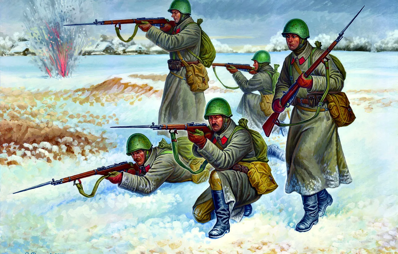 Фото обои Зима, Солдаты, СССР, Винтовка Мосина, Красная Армия, WWII