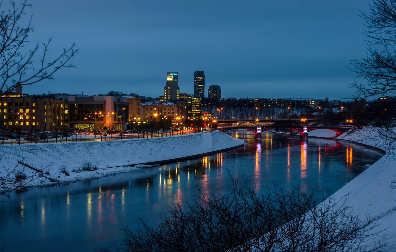 Фото обои зима, мост, lights, отражение, улица, фонари, панорама, канал