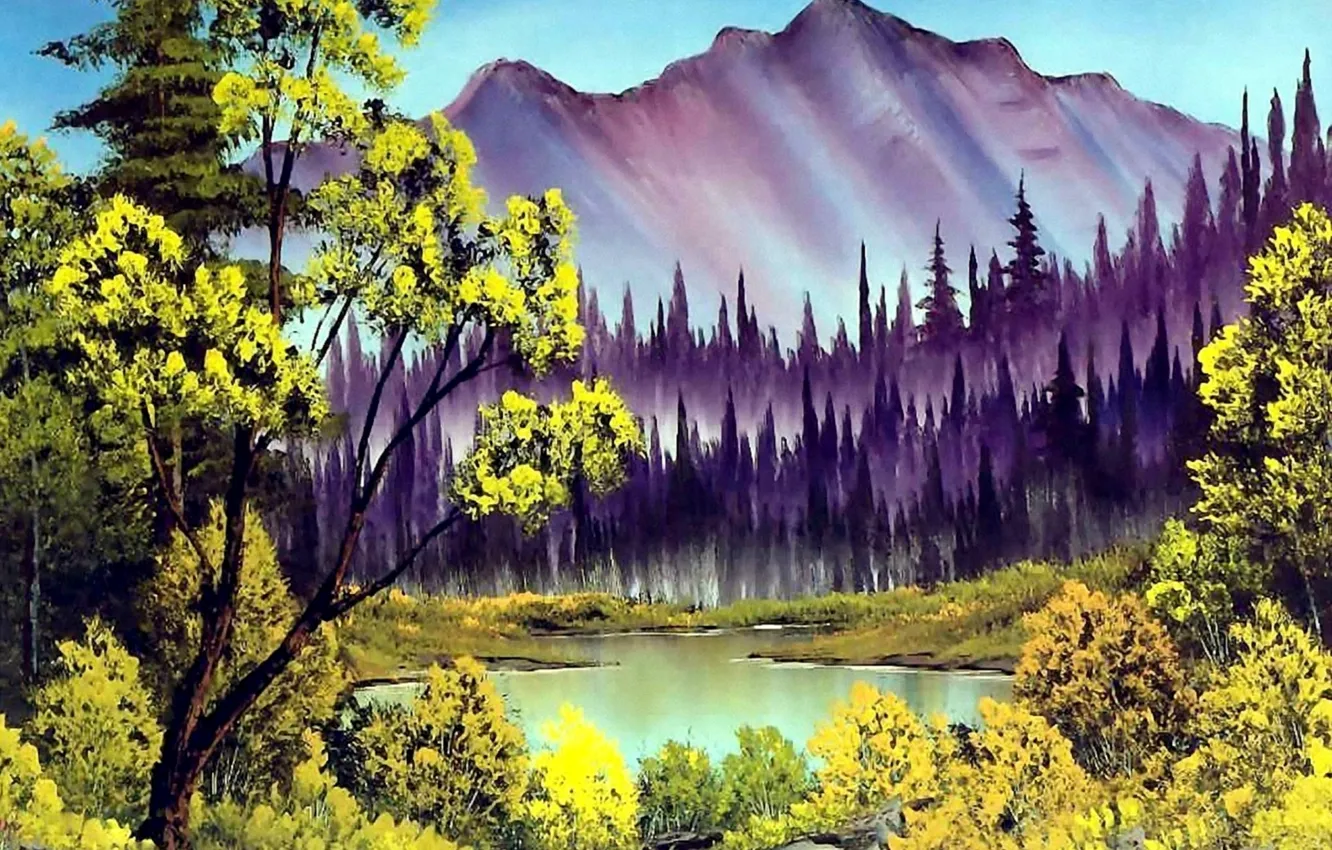 Фото обои лес, небо, вода, деревья, пейзаж, горы, озеро, картина
