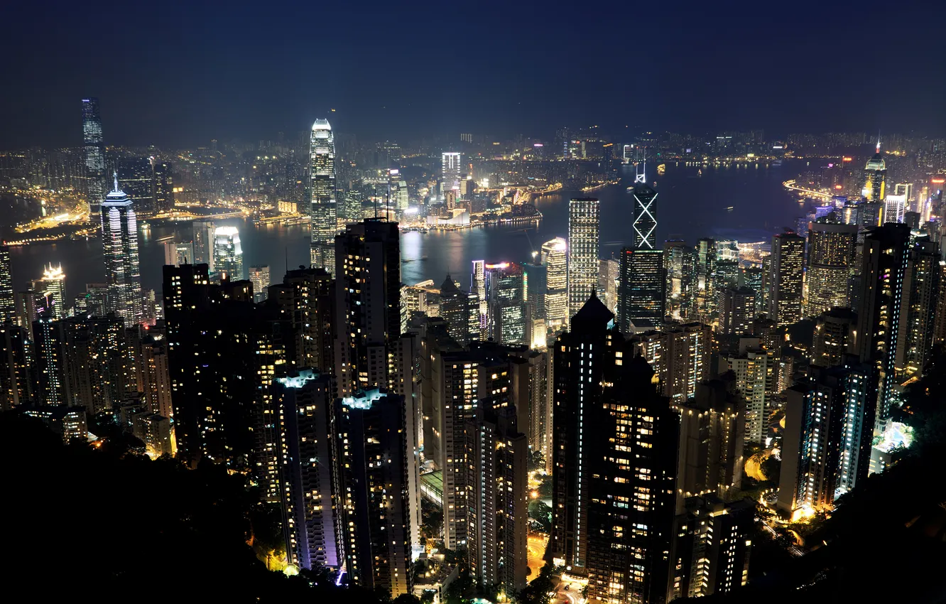 Фото обои ночь, огни, Гонконг, небоскребы, панорама, Китай, мегаполис