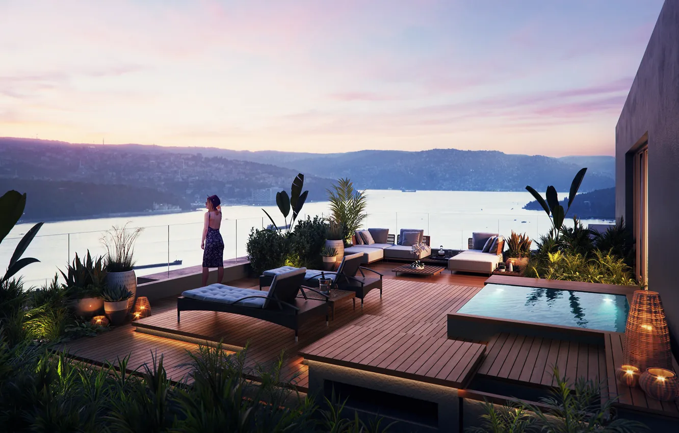 Фото обои небо, горы, интерьер, водоём, Beykoz Housing Project at Bosphorus