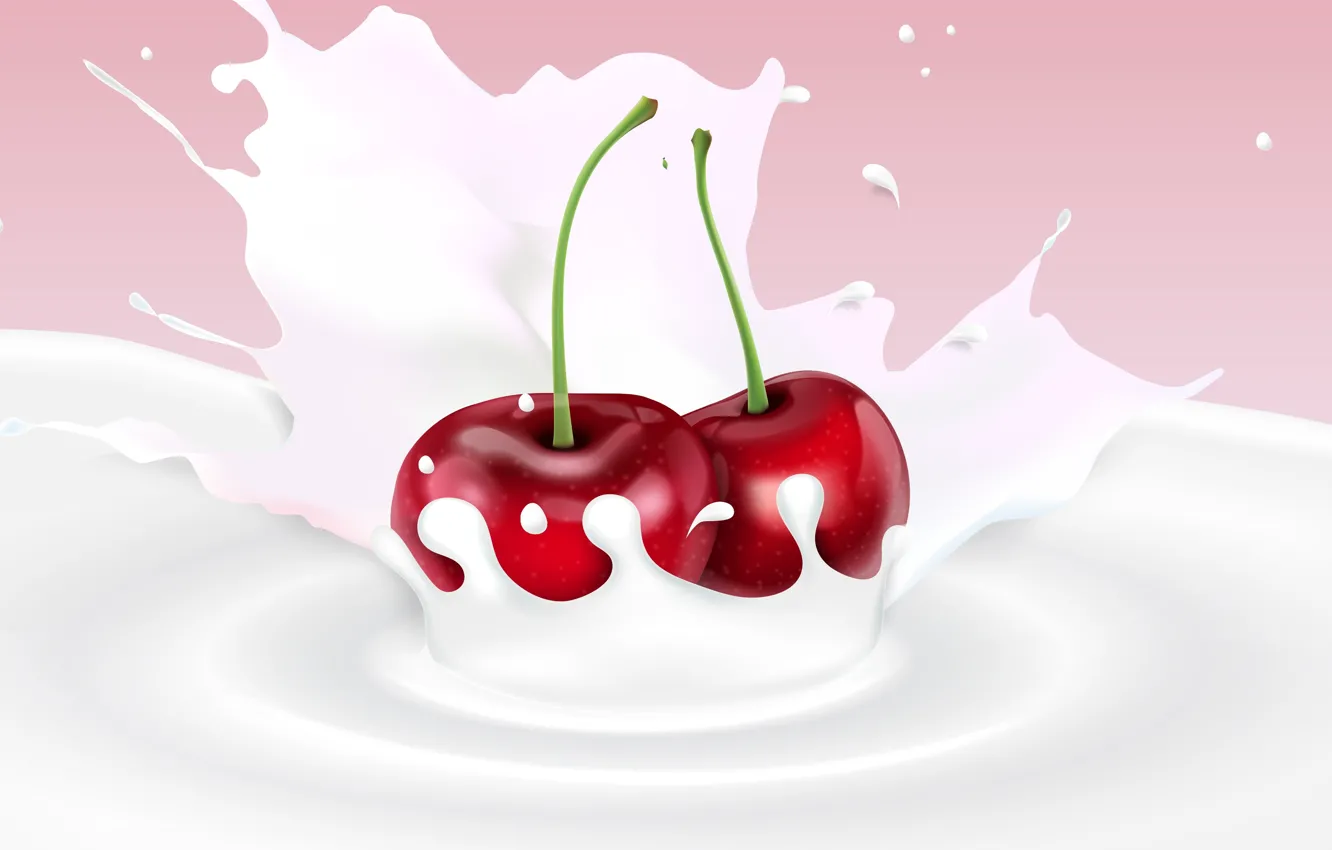 Фото обои вишня, фон, молоко, ягода
