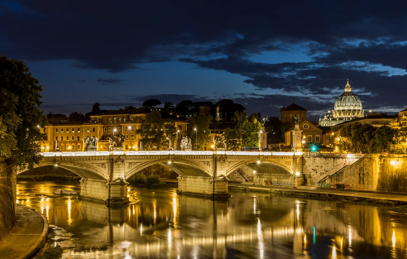 Фото обои lights, Рим, Италия, river, Italy, bridge, night, Rome