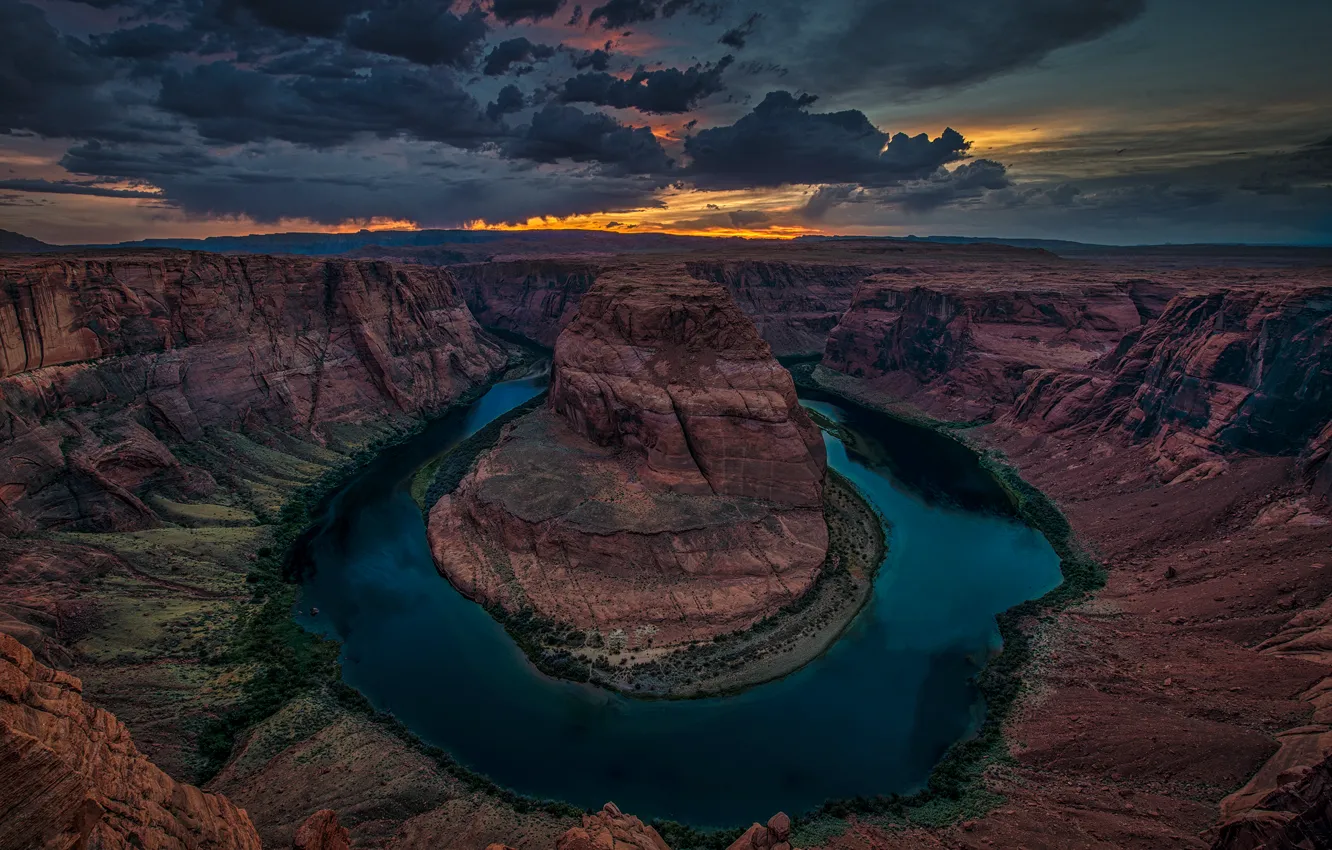 Фото обои закат, тучи, река, вечер, Колорадо, каньон, Horseshoe Bend, Grand Canyon National Park