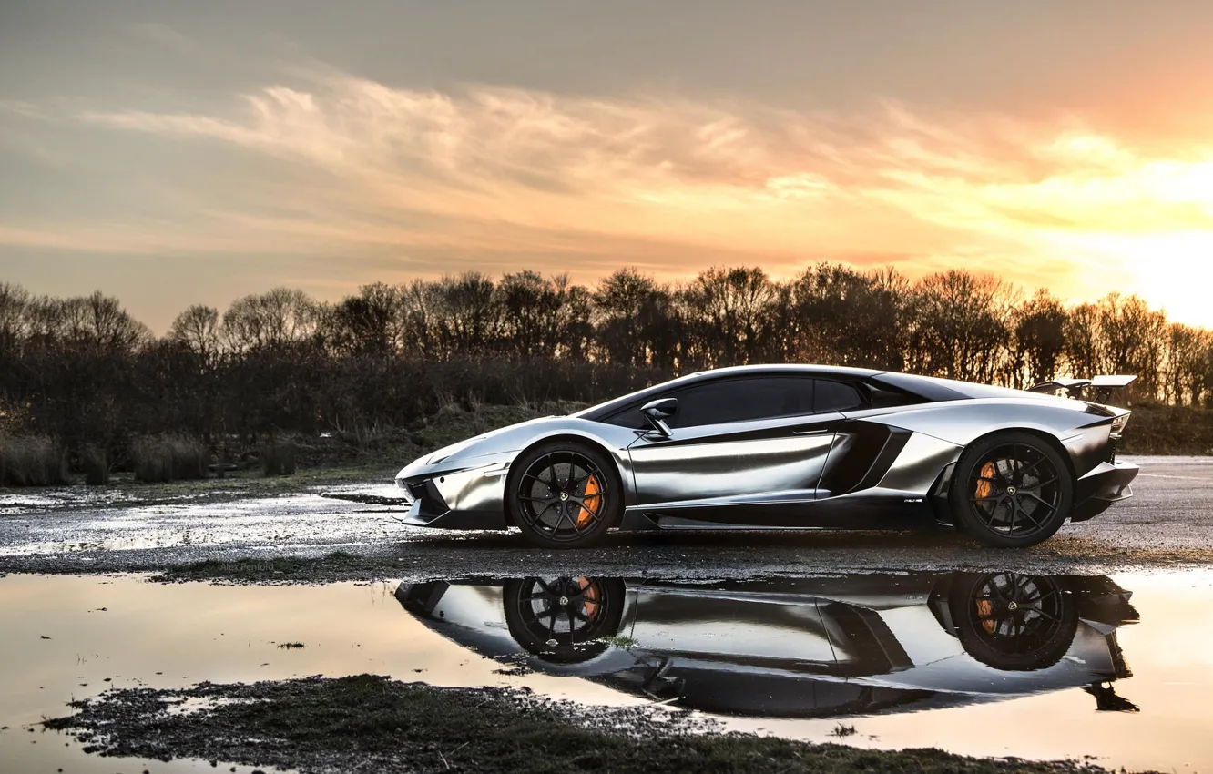 Фото обои Солнце, Небо, Lamborghini, Ламборджини, Серебро, Лужа, Sky, Sun