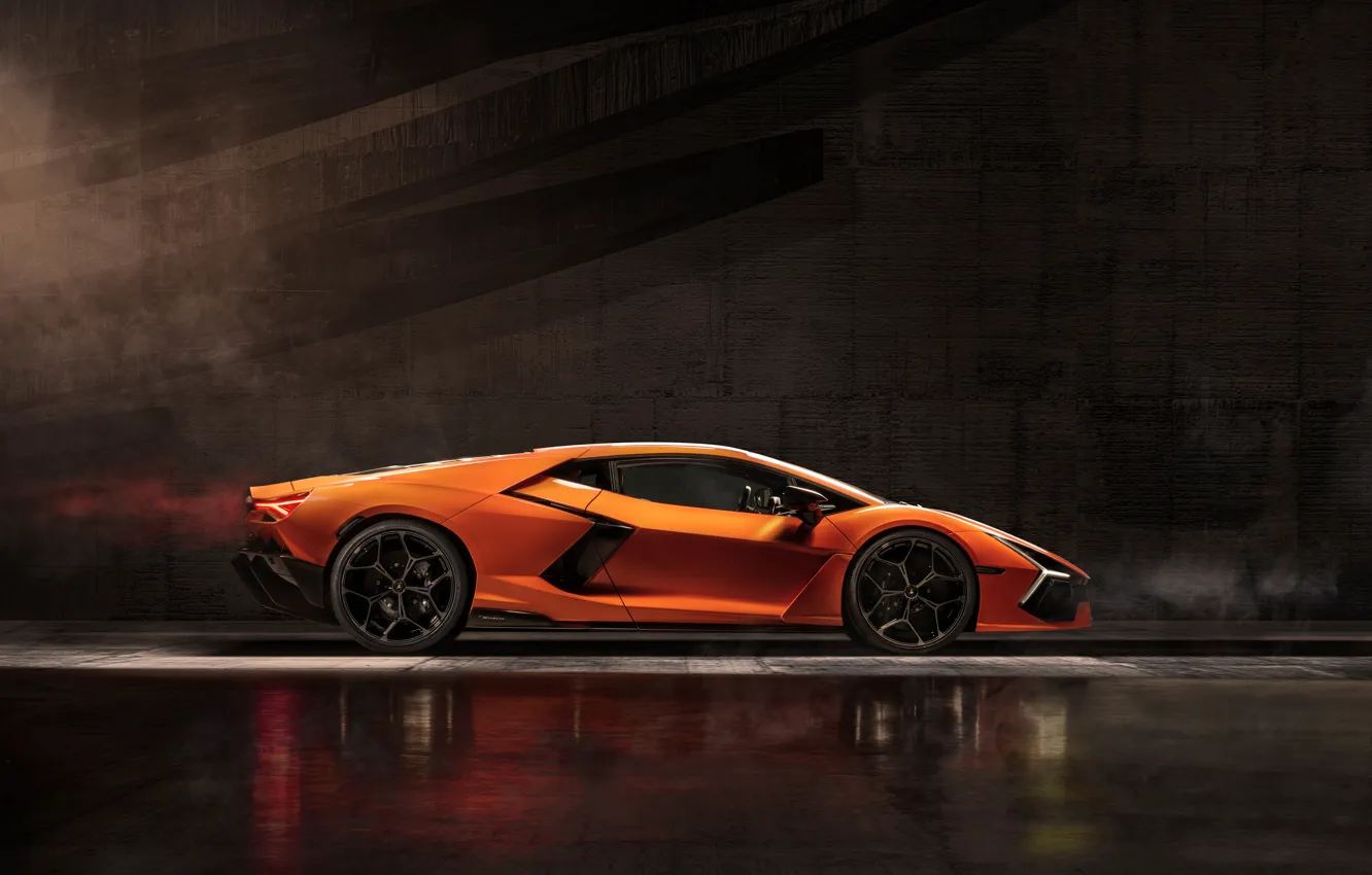 Фото обои оранжевый, Lamborghini, суперкар, вид сбоку, гибрид, ламборгини, стремительный, Revuelto