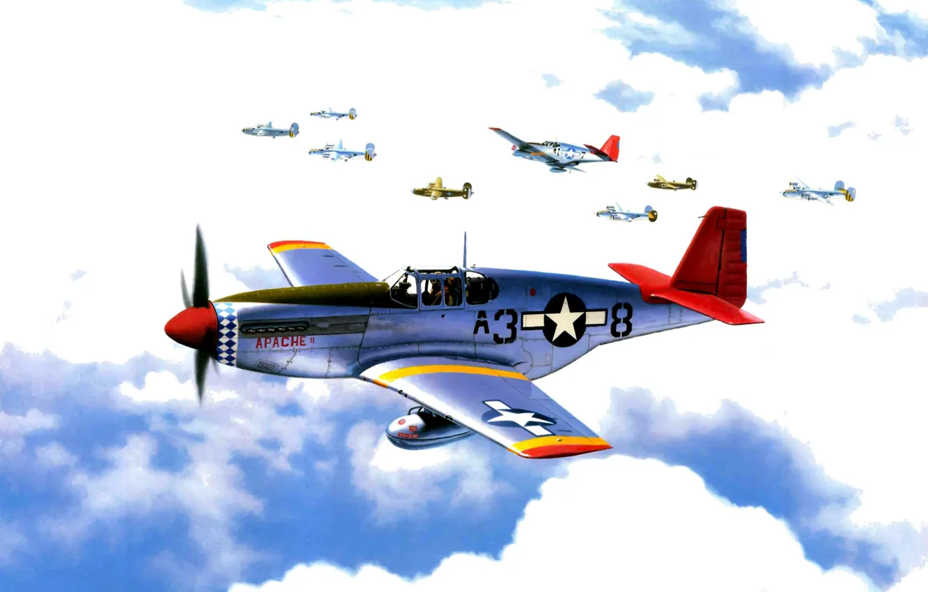 Фото обои war, art, painting, ww2, P-51 Mustang, red tails