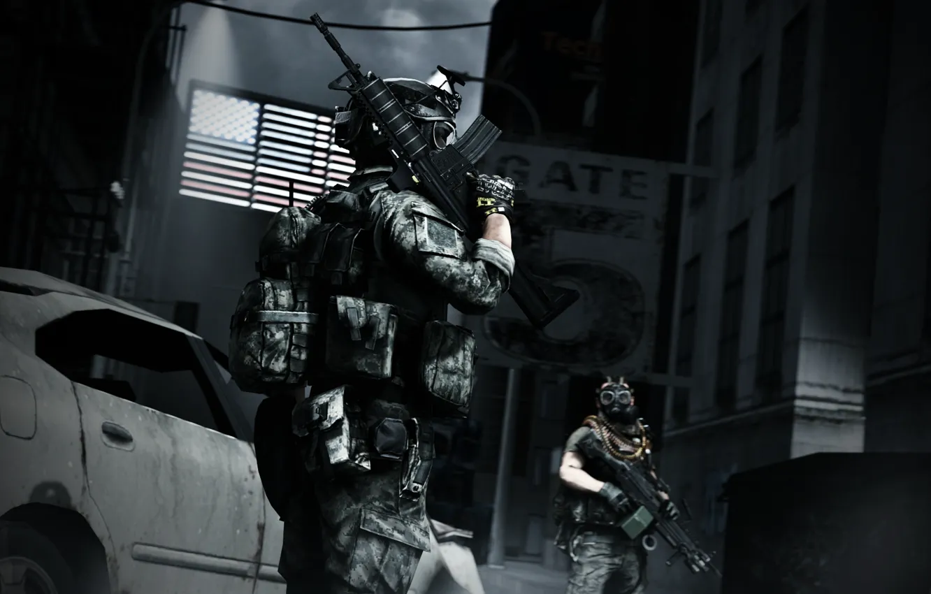 Фото обои город, оружие, солдат