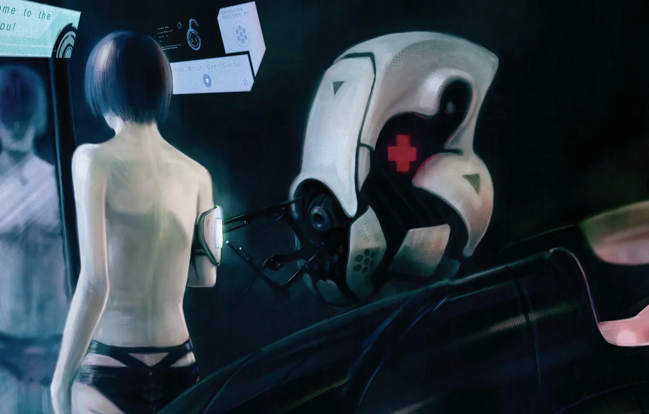 Фото обои девушка, робот, зеркало, арт, капсула, мониторы