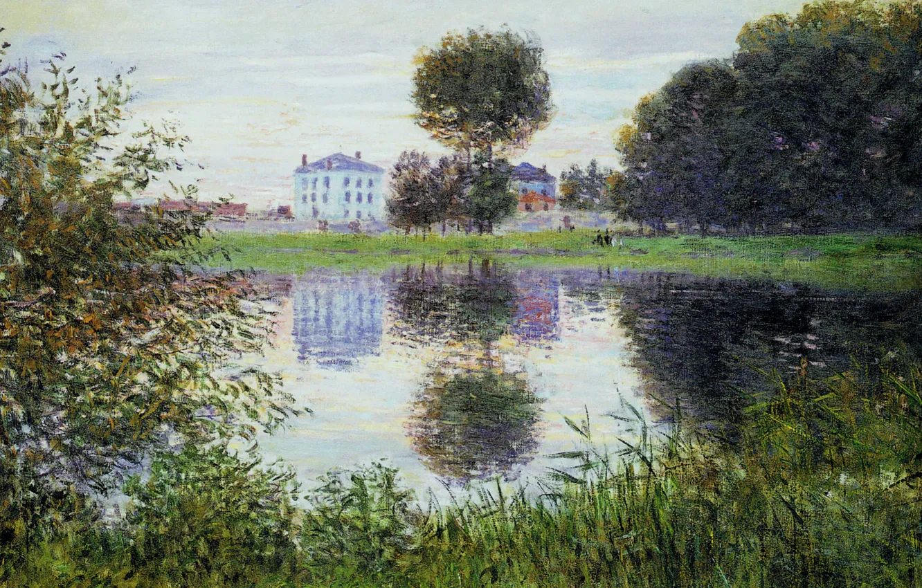 Фото обои пейзаж, озеро, дом, отражение, картина, Клод Моне, Шарообразное Дерево. Аржантёй