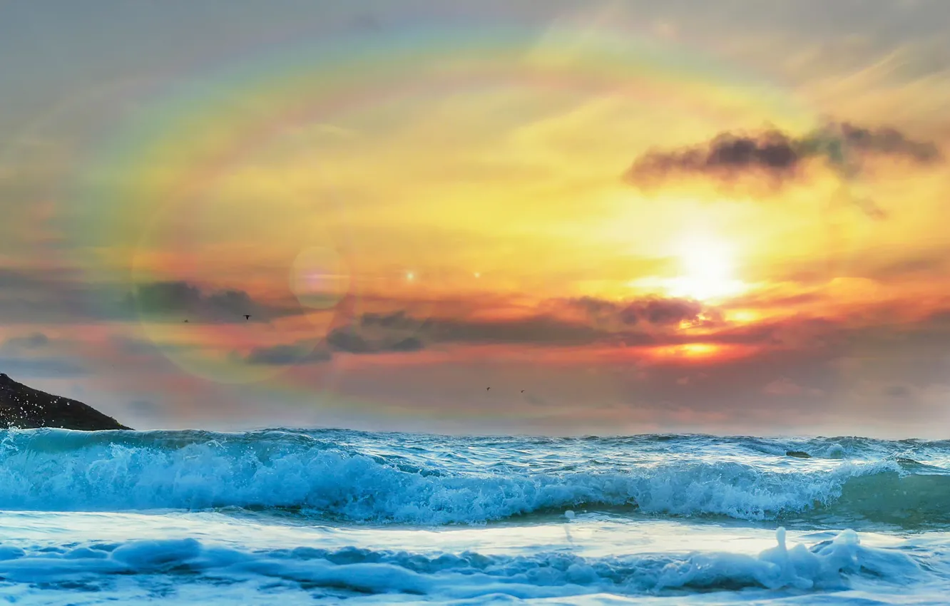 Фото обои волны, небо, птицы, океан