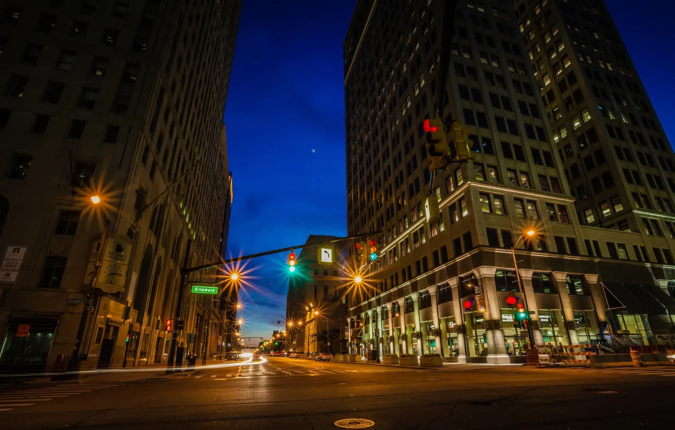 Фото обои дорога, ночь, улица, фонари, америка, Детройт