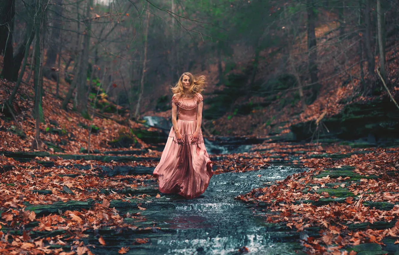 Фото обои осень, девушка, река