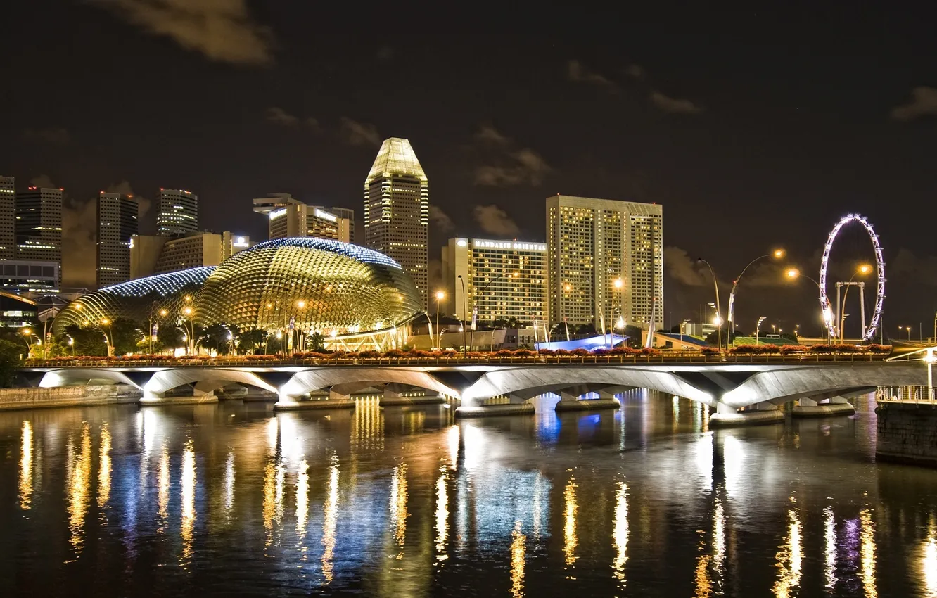 Фото обои ночь, мост, город, река, дома, отель, сингапур, singapur