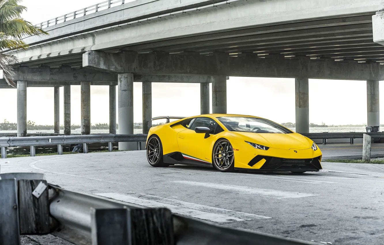 Фото обои Lamborghini, Bridge, Yellow, VAG, Huracan, Perfomante