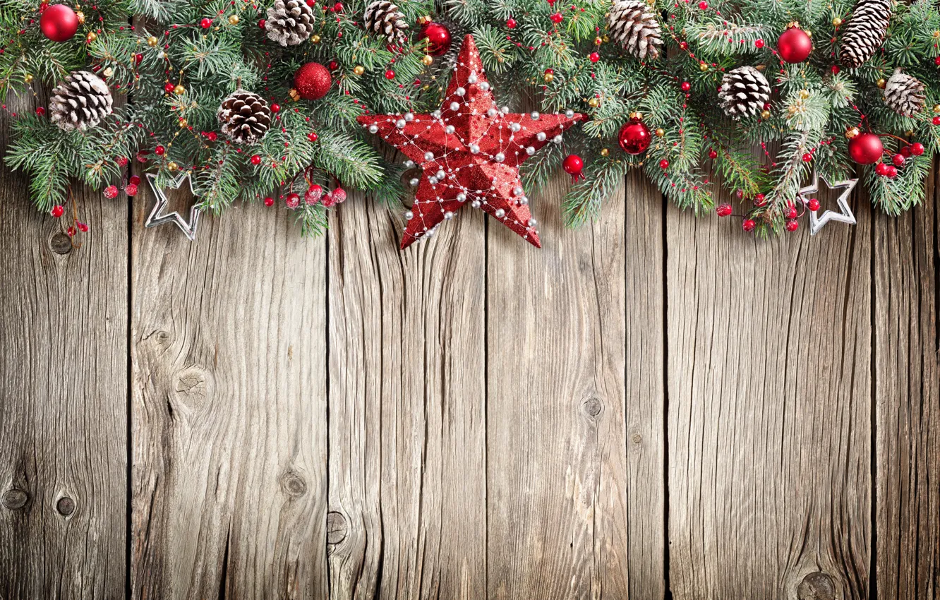 Фото обои Новый Год, Рождество, christmas, star, balls, wood, merry christmas, decoration