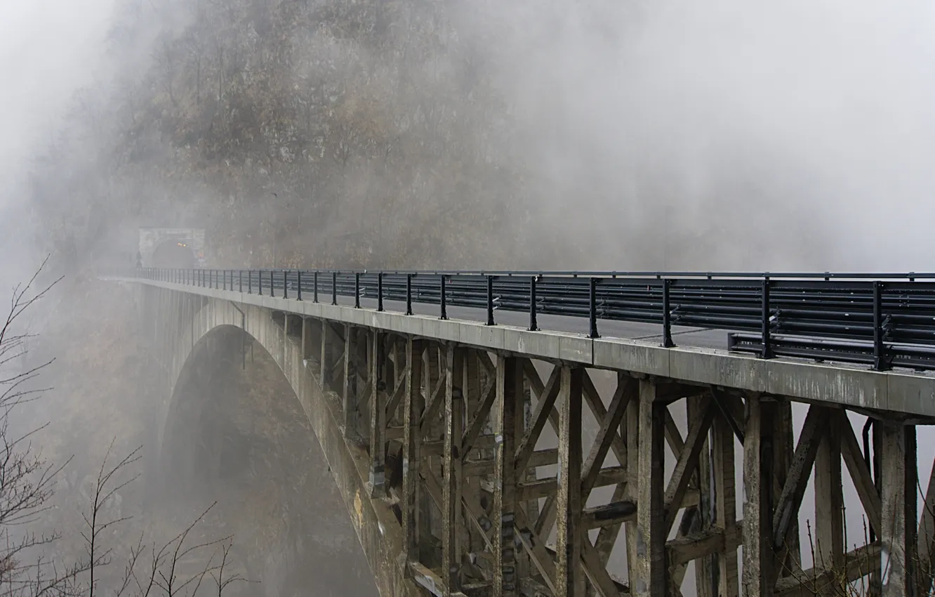 Фото обои мост, природа, туман, гора, туннель, nature, bridge, mountain