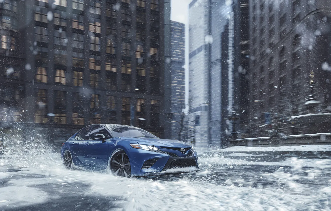 Фото обои Вода, Дома, Дорога, Снег, Брызги, Toyota, Toyota Camry XSE AWD, Среднеразмерный автомобиль