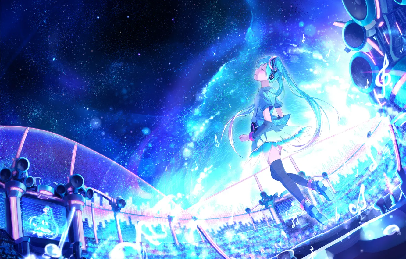 Фото обои девушка, сцена, динамики, арт, vocaloid, hatsune miku, пение, akama zenta