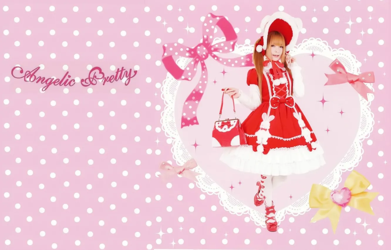 Фото обои сердце, рыжая, кружева, сумка, бантики, красное платье, розовый фон, cosplay