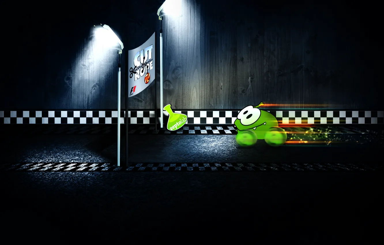 Фото обои зеленый, маленький, монстрик, Formula 1, кубок, персонаж, Формулы-1, Cut the Rope