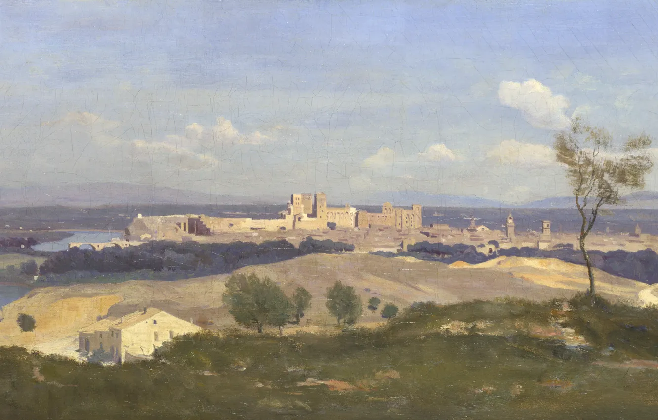 Фото обои пейзаж, картина, панорама, Камиль Коро, Jean-Baptiste-Camille Corot, Авиньон. Вид с Запада