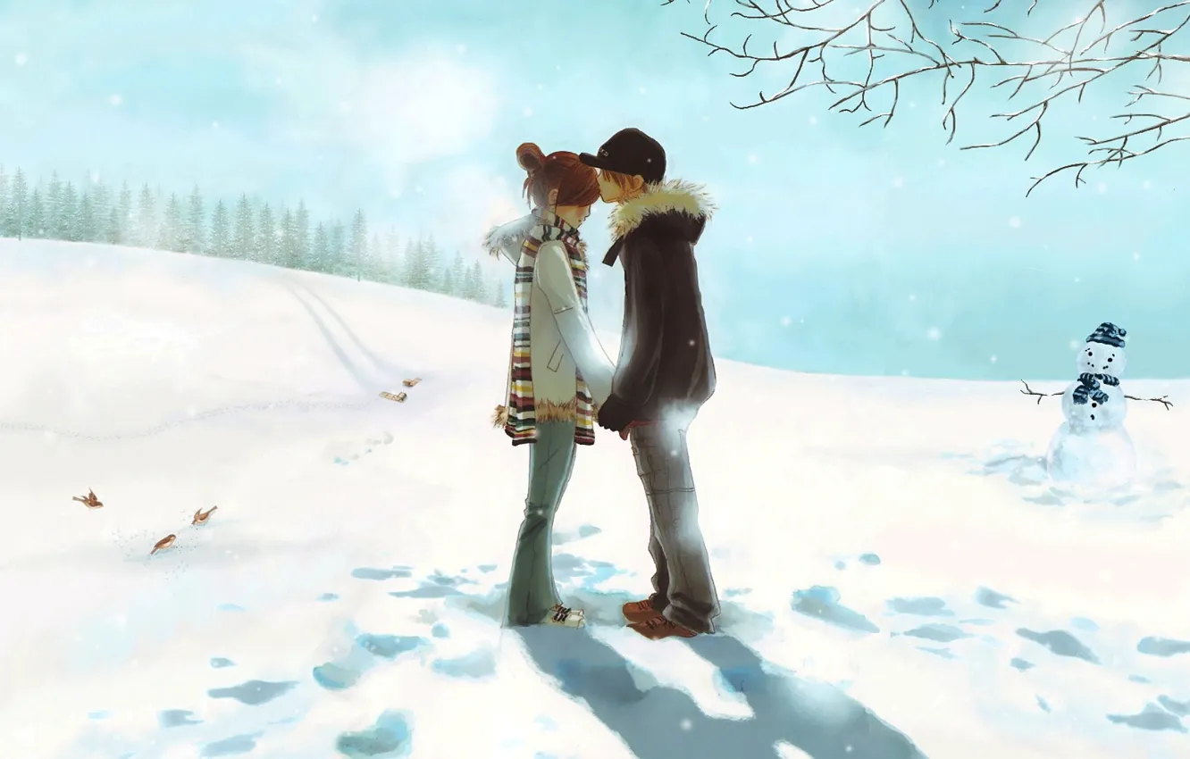 Фото обои love, winter, couple