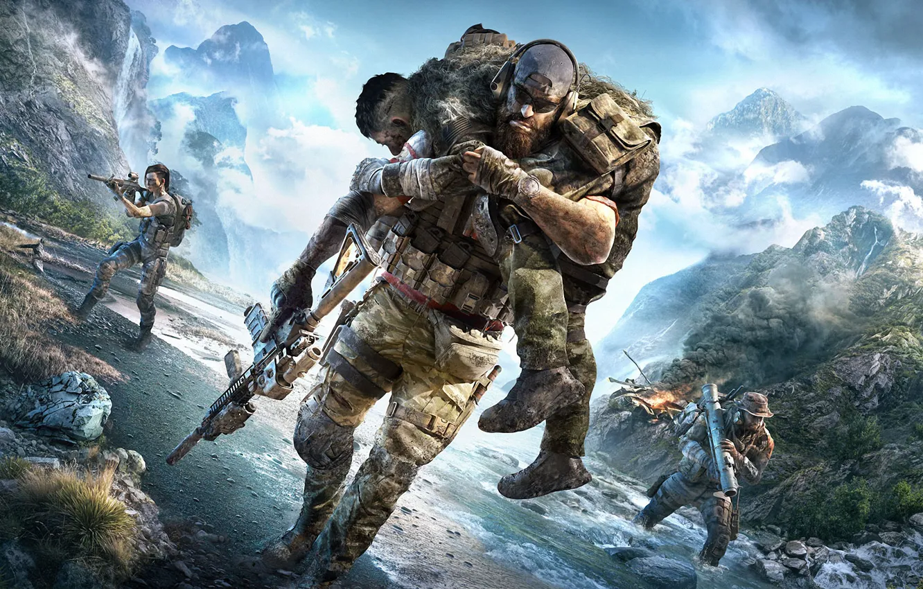 Фото обои горы, природа, река, солдаты, Tom Clancy's Ghost Recon Breakpoint