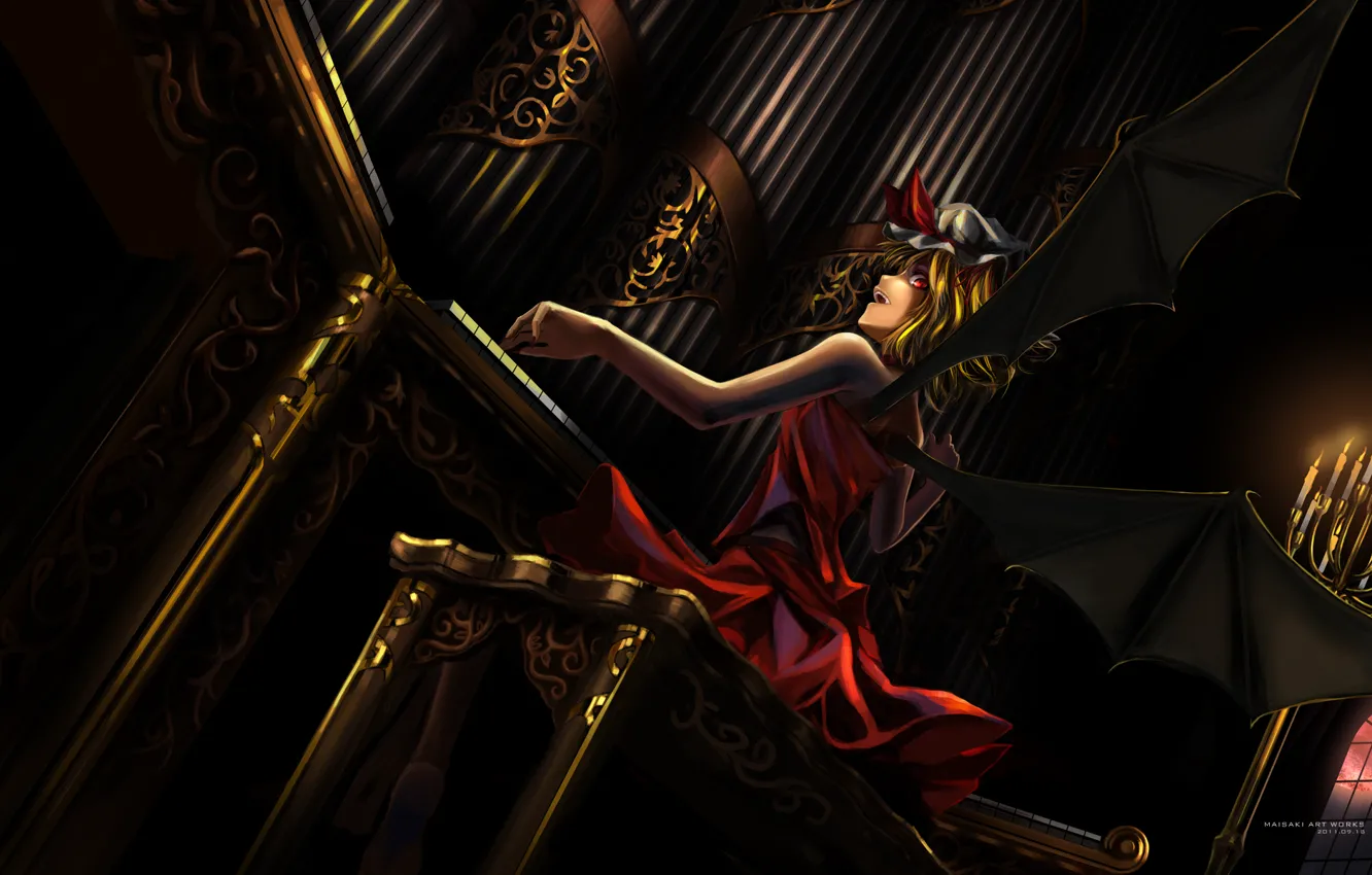 Фото обои девушка, крылья, свечи, платье, touhou, орган, flandre scarlet, тохо