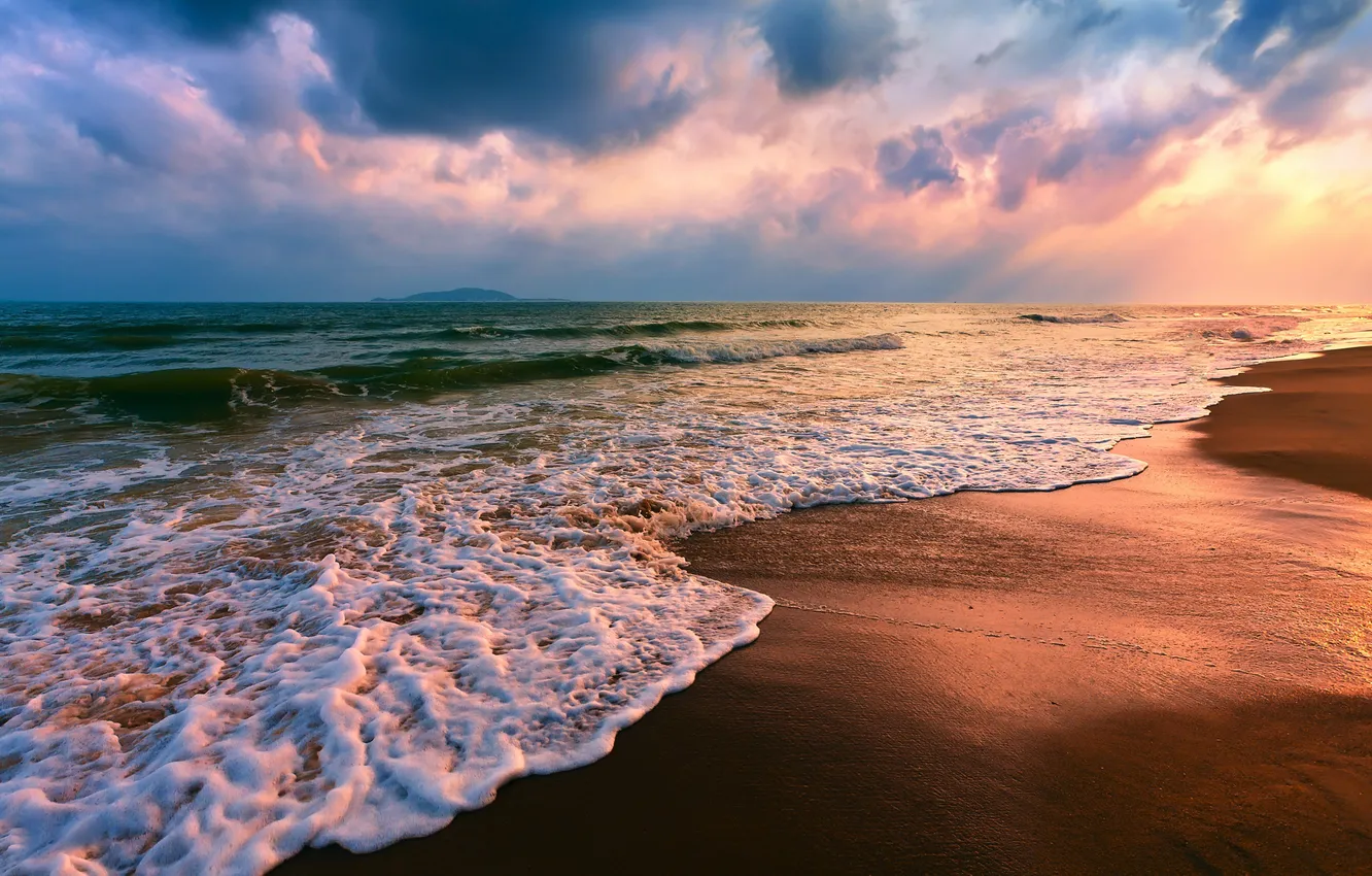 Фото обои море, волны, пляж, закат, Пейзаж