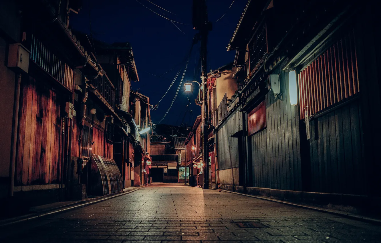 Фото обои улица, Япония, Киото, магазины, ночью, фонарный столб
