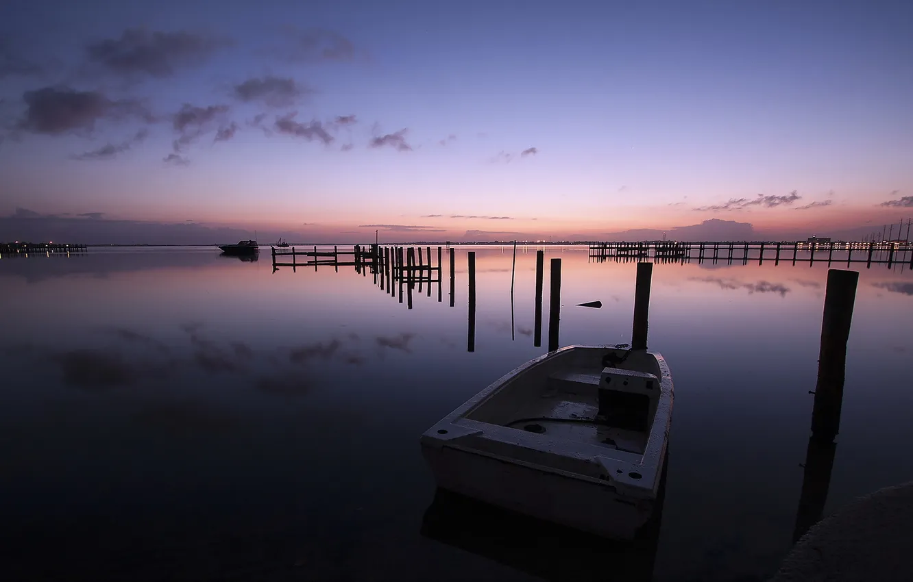 Фото обои закат, озеро, лодка