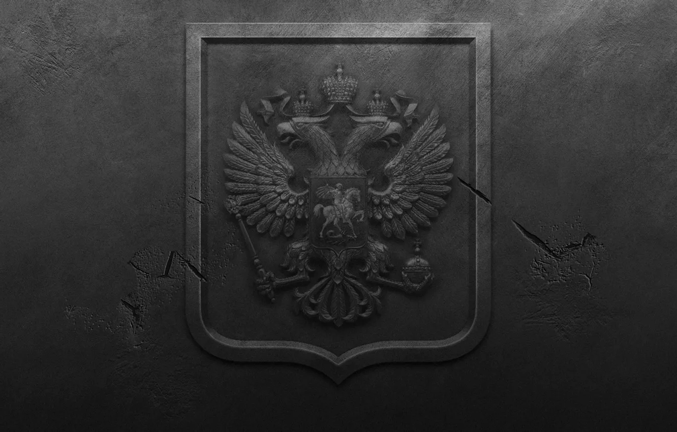 Фото обои металл, трещины, стена, герб, герб россии