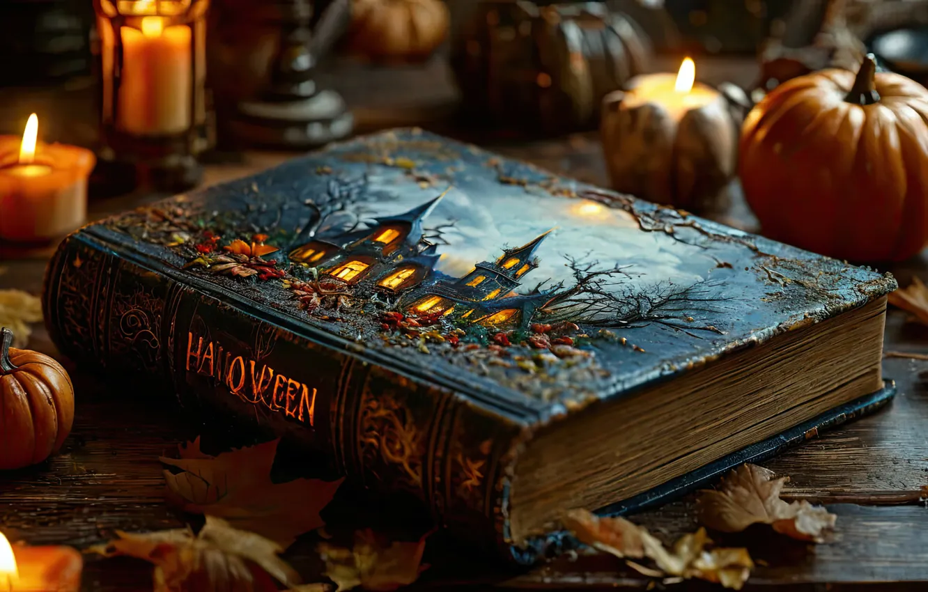 Фото обои Halloween, Хэллоуин, НОЧЬ, ЛИСТЬЯ, ОГНИ, ОСЕНЬ, КНИГА, ЗАМОК
