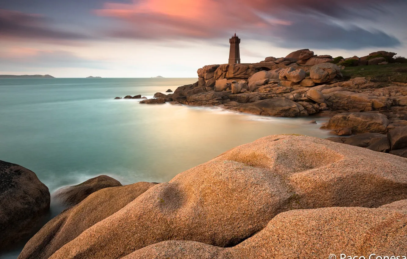 Фото обои море, камни, рассвет, берег, маяк