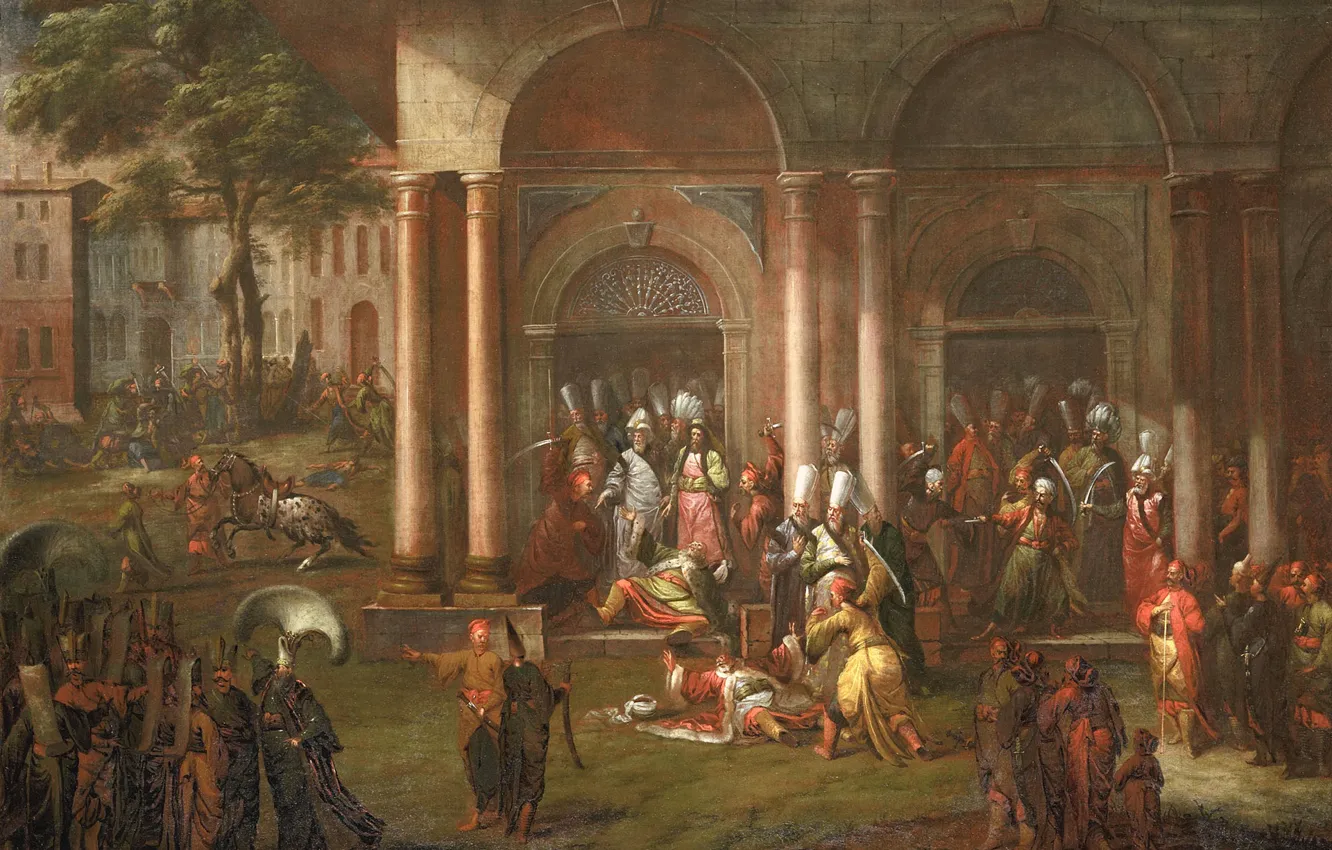 Фото обои масло, картина, холст, 1737, Жан Батист Ван Мур, Jean Baptiste Vanmour, Убийство министра во время …