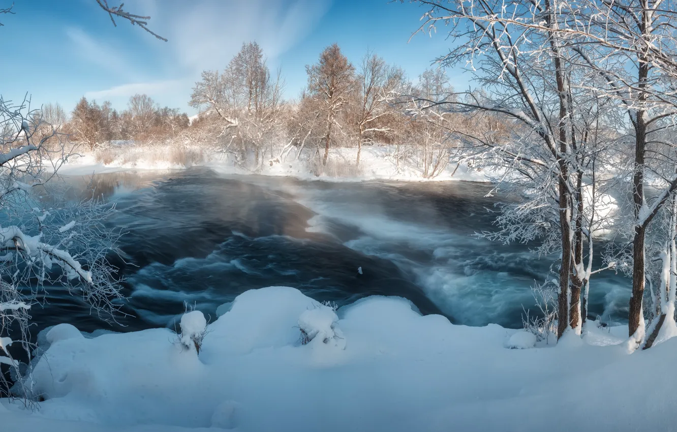 Фото обои зима, снег, деревья, пейзаж, природа, река, берега, Башкортостан